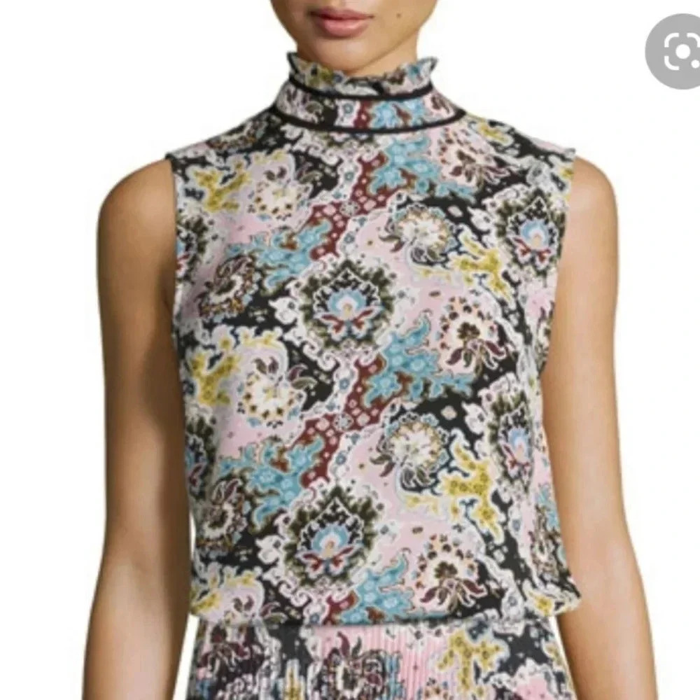 A.L.C. Phoebe Sleeveless Floral‎ Silk Top Ruffle Neck Pink/Blue/Mustard Size 2